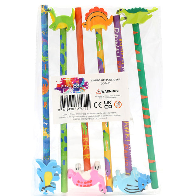 Dinosaurs Pencils & Erasers - 6 Pack