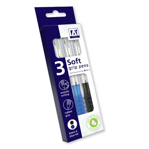 Soft Grip Pens - 3 Pack Smooth Writing Rubber Grip Blue & Black Ink Comfortable Design