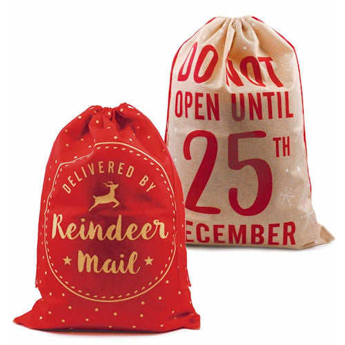 Christmas Hessian Style Printed Christmas Sack - Assorted Festive Holiday Gift Bag Storage Decoration