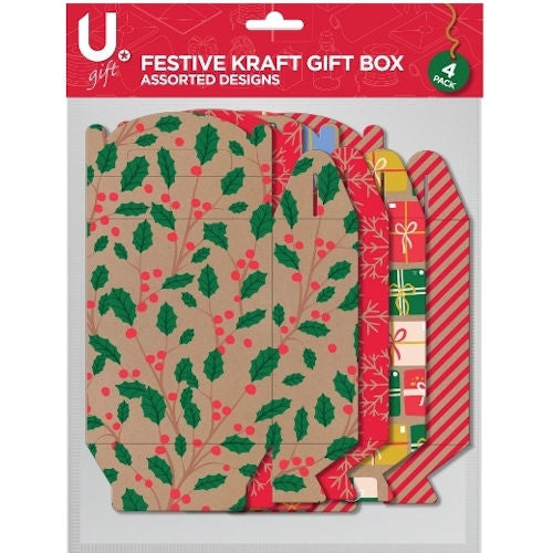 Festive Kraft Gift Box - 4 Pack