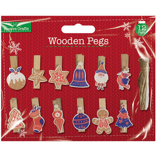 Xmas Wooden Pegs - 12 Pack