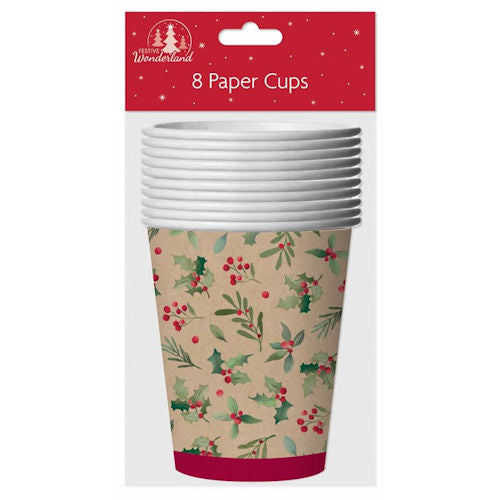 Traditional Holly Paper Cups - 8 Pack 9oz
