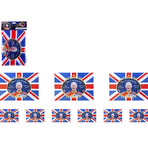 King Charles Union Jack Rayon Flag Bunting - 30cm x 20cm 12 Flags Royal Celebration Decoration