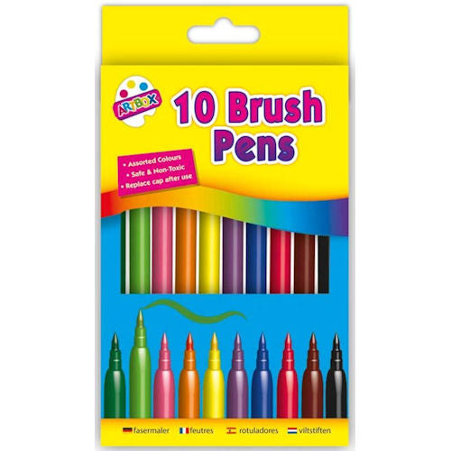 Brush Fibre Pens - 10 Pack Assorted Bright Colours Drawing Colouring Art Supplies