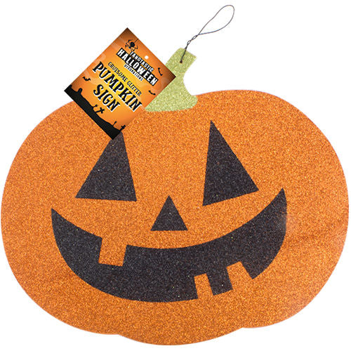 Halloween Pumpkin Glitter Sign - Decoration Party Spooky Festive Orange Black Glittery Haunted House