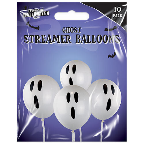 Ghost Streamer Balloons - 10 Pack Halloween Party Decoration Spooky Festive Haunted House Ghost Witch Vampire