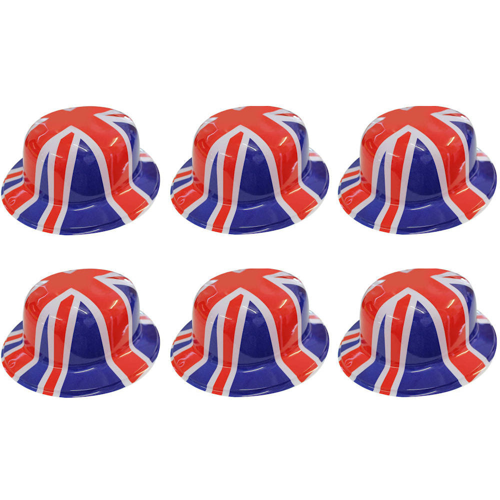 Adults Union Jack Plastic Bowler Hat 6 Pack - British Flag Party Costume Headwear Patriotic Fancy Dress Bulk