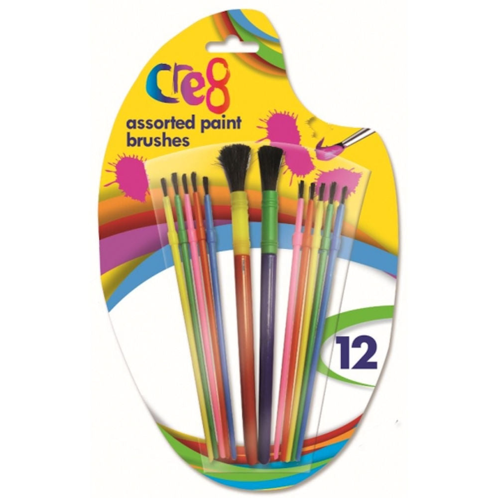 Paint Brushes - 12 Pack Kids Assorted Sizes Shapes Children's Art Projects Durable