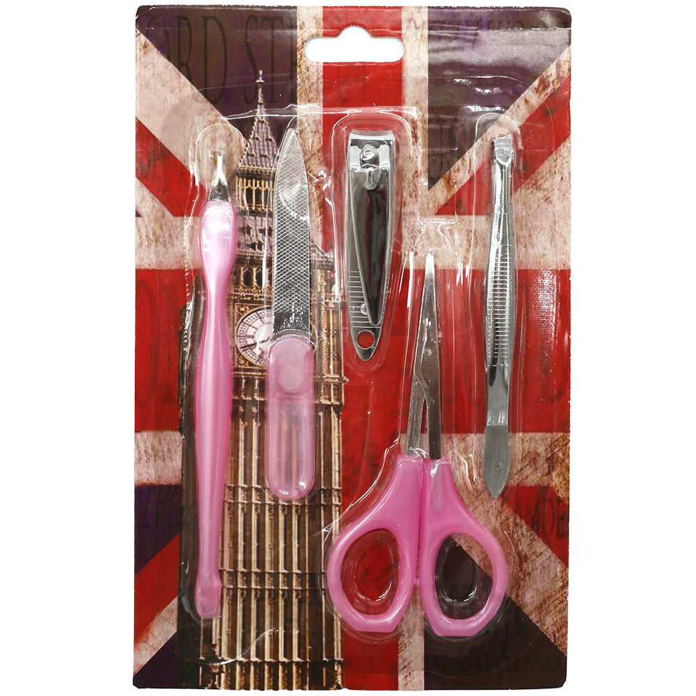 5 Piece Manicure Set Pink - Nail Care Kit with Clippers, Scissors, File, and Tweezers