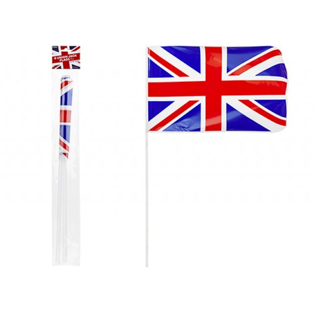 Union Jack Flags with Sticks - 4 Pack British Patriotic Spirit Union Jack Flags