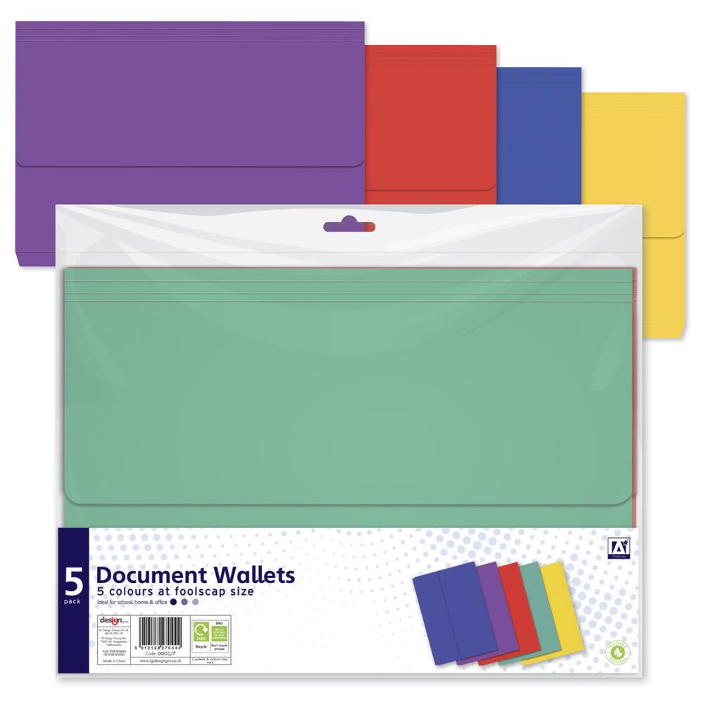 Pastel Foolscap Document Wallets - 5 Pack Assorted Colours Organising Transporting Documents