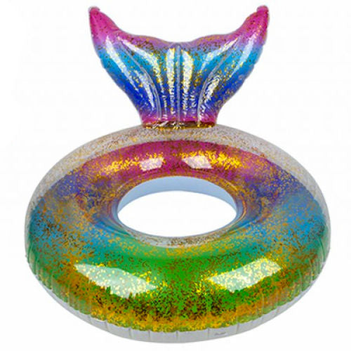 Rainbow Glitter Swim Ring With Tail - Holiday 109cm Sparkle Shine Pool Rainbow Glitter Swim Ring Featuring Tail