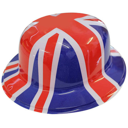 Adults Union Jack Plastic Bowler Hat 6 Pack - British Flag Party Costume Headwear Patriotic Fancy Dress Bulk