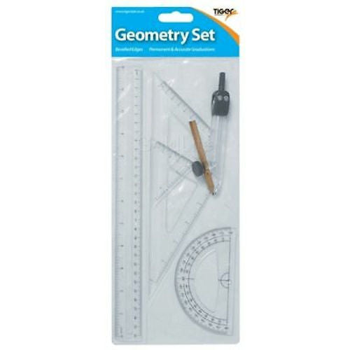 Large Geometry Set - 5 Piece Compass Protractor Ruler Triangle School Supplies