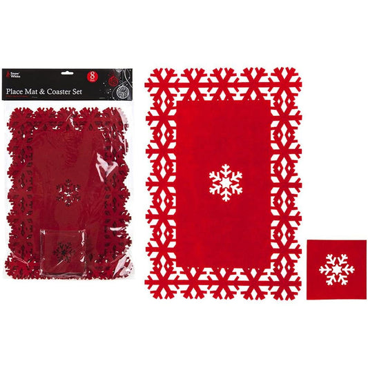 Poly Felt Red Christmas Snowflake Place Mat Set 4 Piece