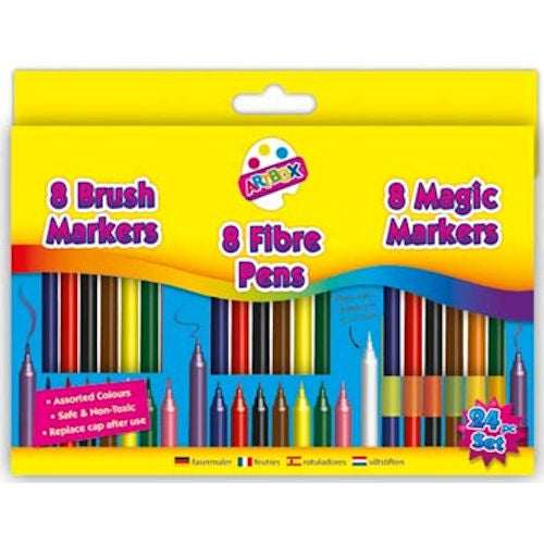 Colouring Pen Set - 24 Pack Brush Markers Fibre Pens Magic Markers Art Supplies